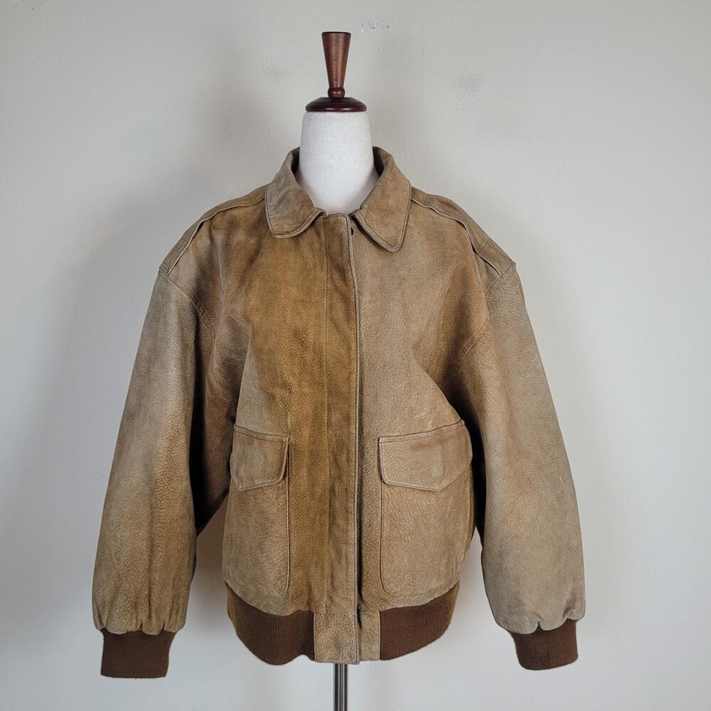 Vintage Brown Suede Jacket Men Small Bomber Zip Pockets Lined 90s Classic Patina
